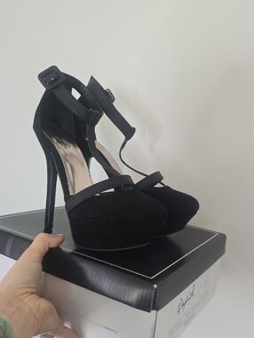 Cupid Black High Heel Platform Ankle-Strap Pumps